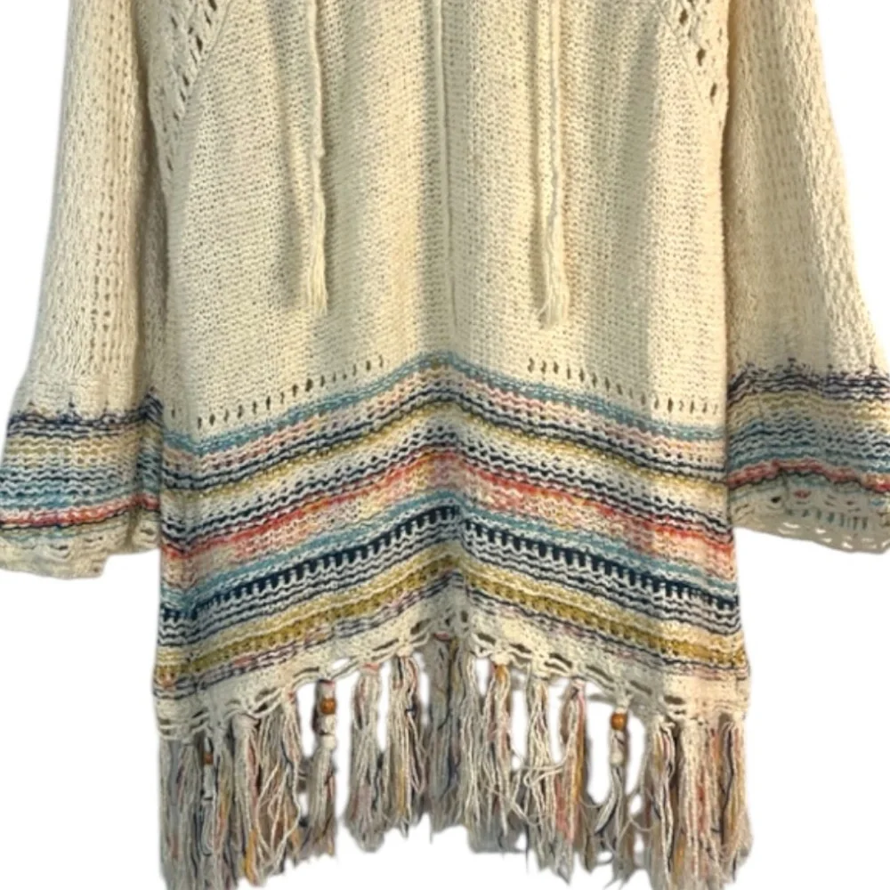 Free People Knit Crochet Hooded Pullover Tah-Loo Fringe Tunic Sweater Boho Indie - Picture 3 of 8